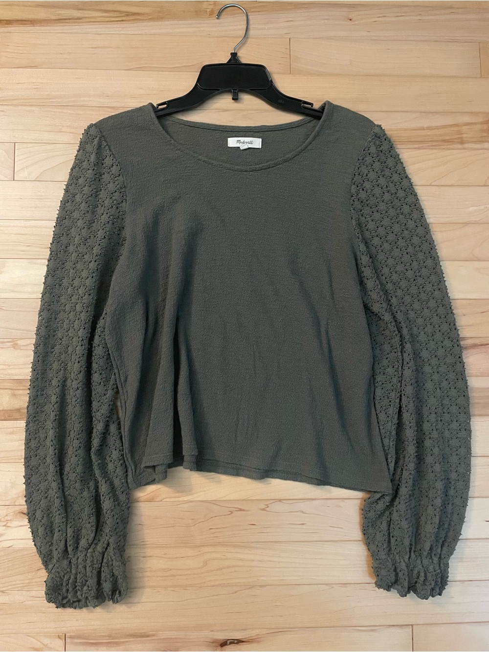 Madewell Olive Textured Balloon-Sleeve Long Sleeve Top
